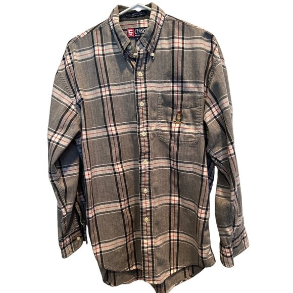 CHAPS by Ralph Lauren Flannel Long Sleeve Shirt Medium, Cotton, Gray White Plaid - Picture 1 of 4
